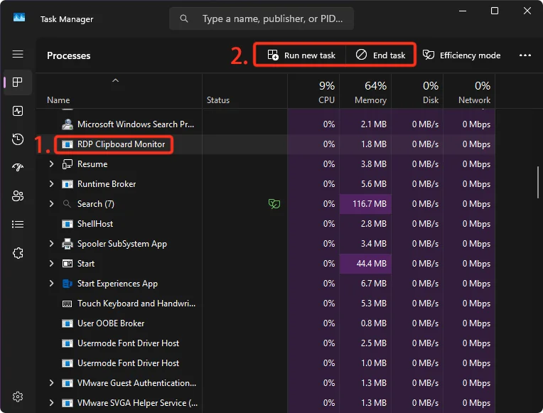 任务管理器中重启 rdpclip.exe